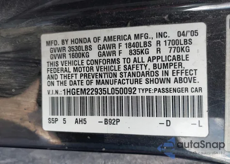 2005 Honda Civic Ex z USA, uszkodzony, nr VIN 1HGEM22935L050092
